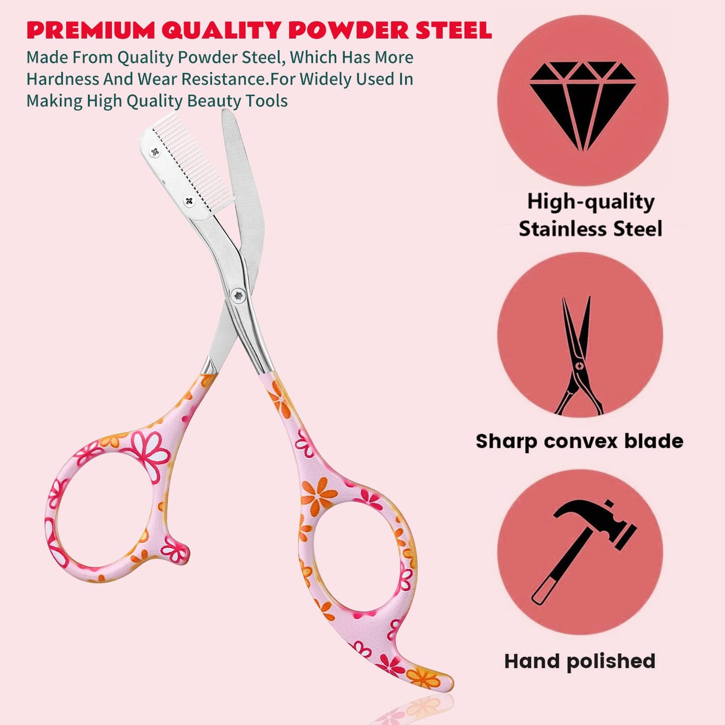 DINNAT Eyebrow Trimmer With Comb Facial Grooming Scissors Kit Professional Precision Eyebrow Trimmer Stainless Steel Eyebrow Trimmers Scissors with Combs Perfect For Gifts for Men and Women (Pink)