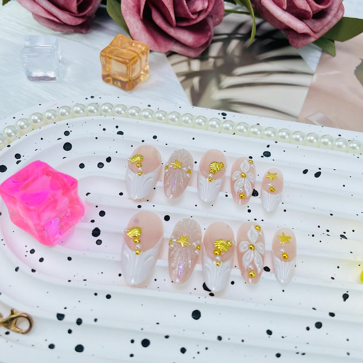 Almond French Tip Press on Nails Medium Fake Nails Glossy Nude Pink Stick on Nails with 3D Gold Balls Starfish Shell Charms Design White French Tip False Nails Flower Acrylic Nails for Women 24 Pcs