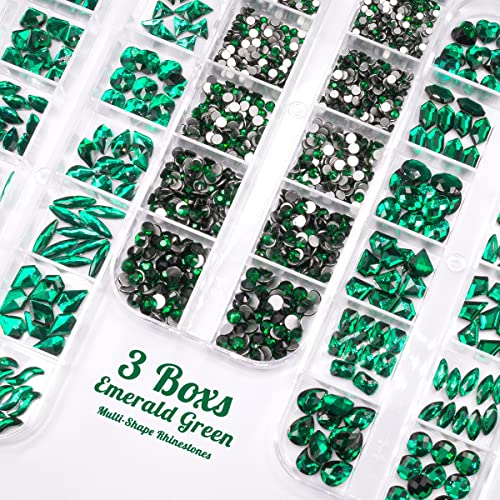 qiipii Emerald Green Nail Rhinestones 3 Boxes Multi-Shapes 240pcs Nail Art Crystals