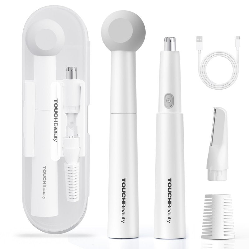 TOUCHBeauty Nose and Ear Hair Trimmer for Women Men, 2-in-1 USB-C Rechargeable Eyebrow Trimmer & Facial Hair Removal, Waterproof Dual-Edge Nasal Hair Clipper with Storage Case(White)