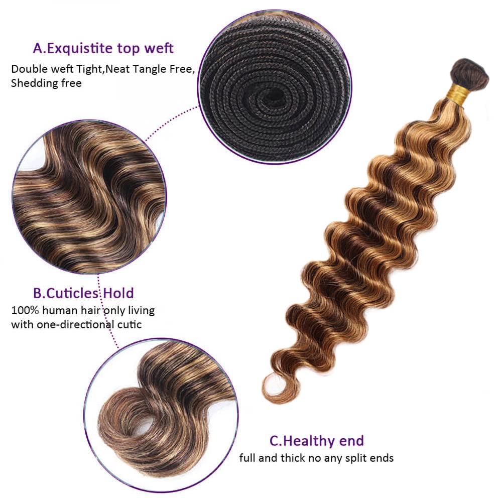28 30 32 Inch P4/27 Highlight Blonde Bundles Human Hair Deep Wave 3 Bundles Brazilian Remy Hair 50 Grams/Bundle 10A Grade Unprocessed Virgin Hairs Blonde Deep Wave Bundle Weaves Extensions