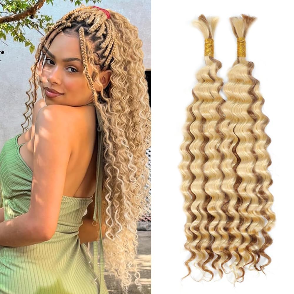 P27613 Boho Hair for Braiding Deep Wave Bulk 24 24 Inch P27/613 Highlight Human Braiding Hair Blonde Braiding Hair Extensions 110g