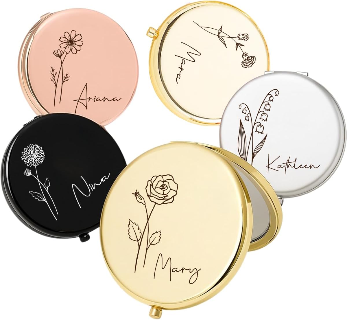 Personalized Travel Mirror - Birth Flower & Name | 2x/1x Magnifying Compact Makeup Gift for Bridesmaid, Mother, Nurse