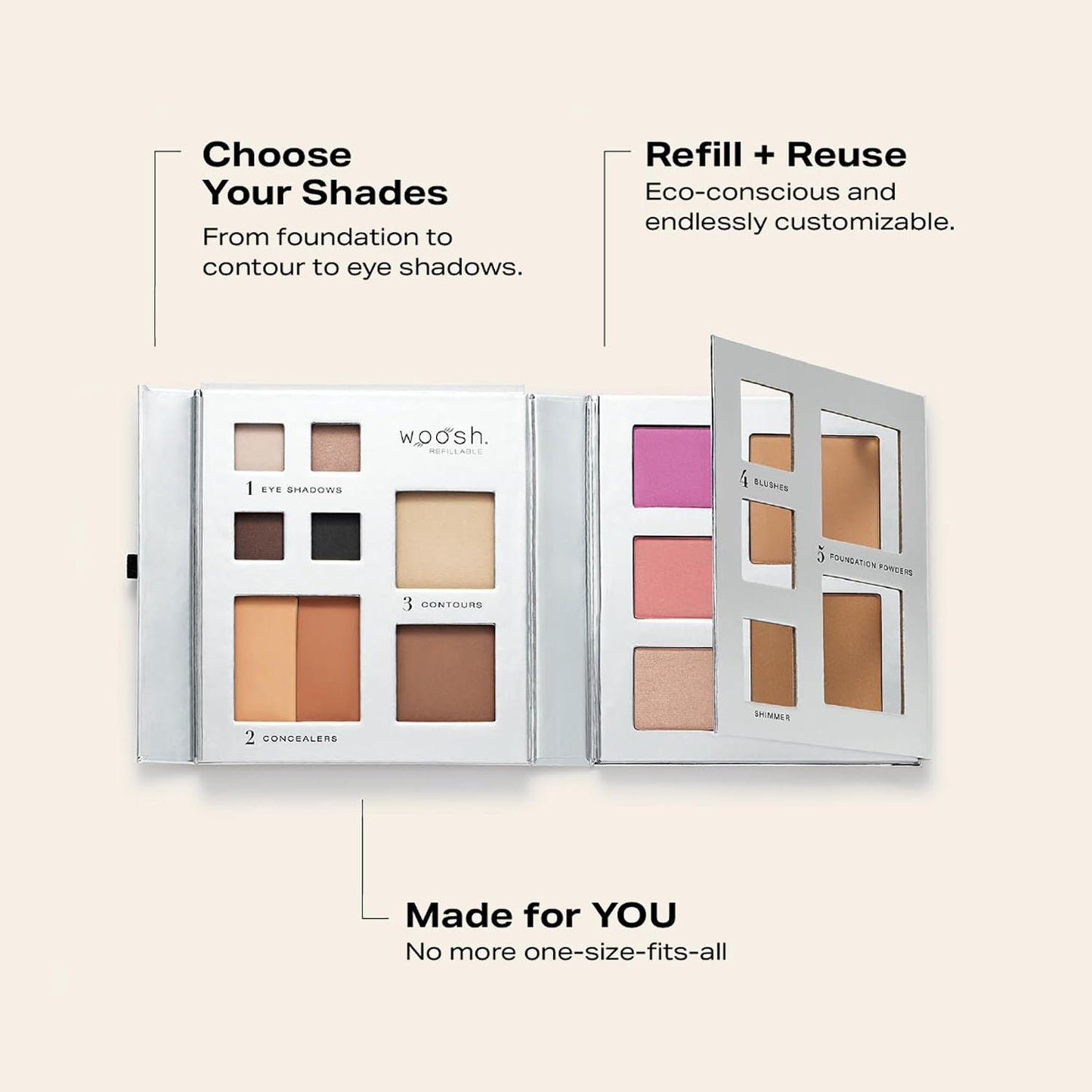 Woosh Beauty Fold Out Face Refillable Makeup Palette - All-in-One Kit with Foundation, Concealer, Blush & Eyeshadow | Silver