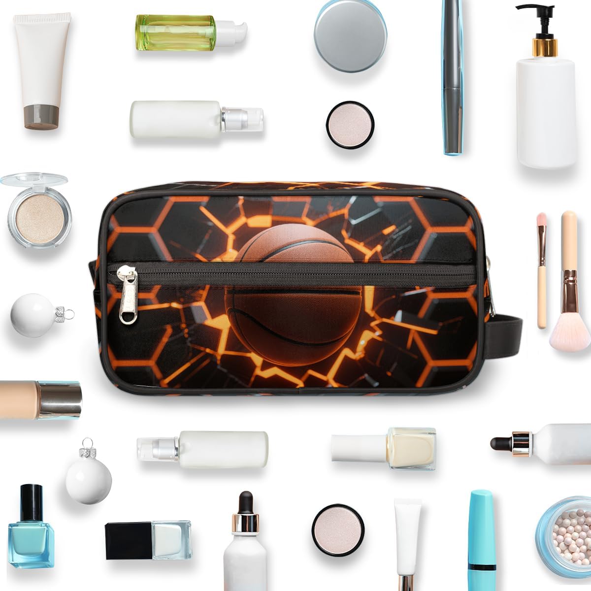 Kids Abstract Basketball Toiletry Bag - Waterproof Makeup Organizer for Travel | Ideal for Boys & Girls