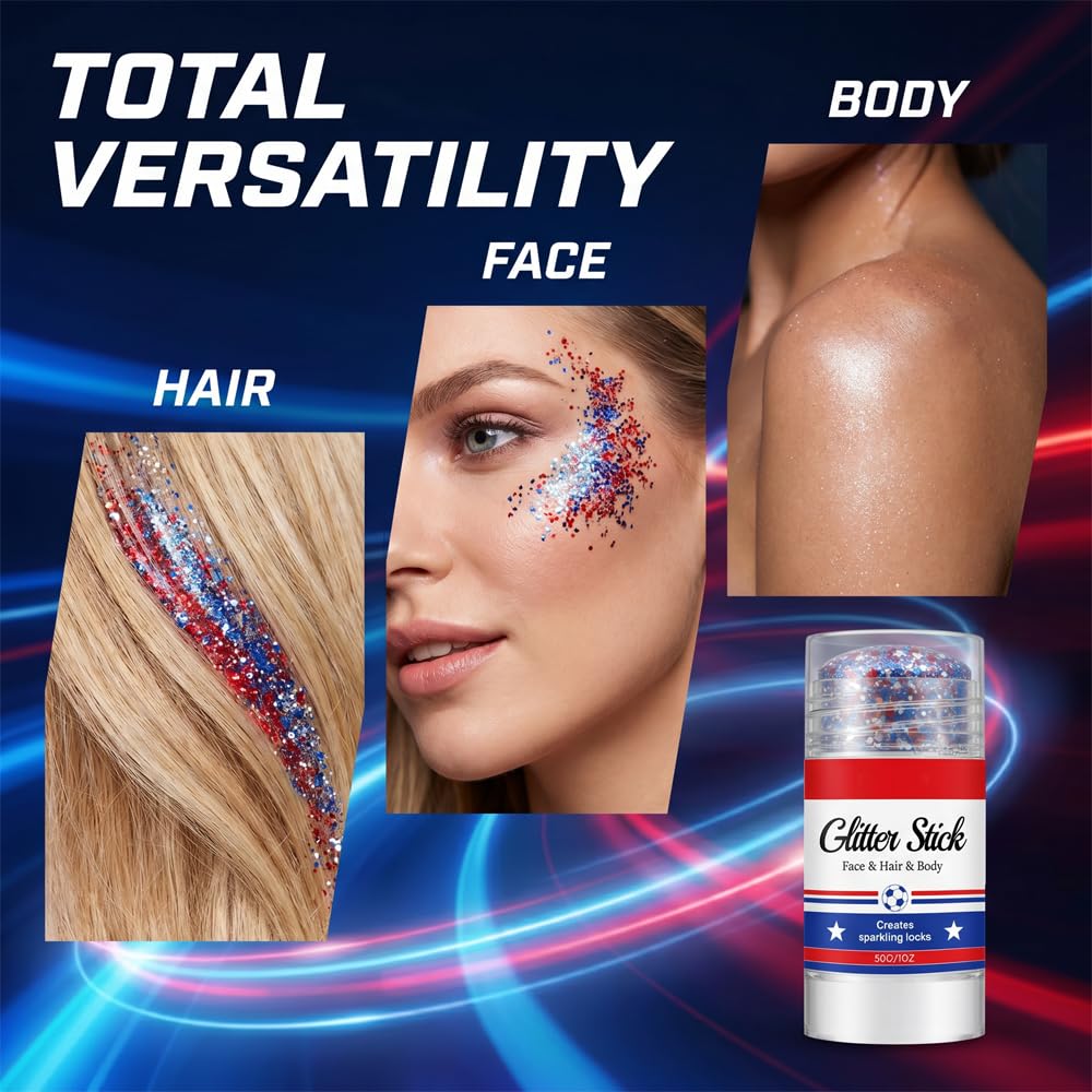 4th of July Glitter Stick, 2026 New Red, White & Blue Body & Hair Sparkle for Independence Day, Face Body Glitter, Sparkle Patriotic Glitter for Soccer Game Celebration (1)