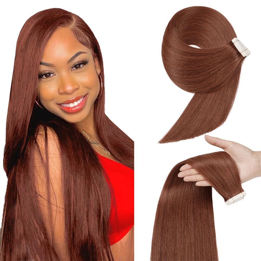14 Inch #33 Reddish Brown Tape in Extensions Human Hair Copper Straight Tape ins Hair Extensions Auburn Brown Hair Skin Weft Remy Hair 40g 10Pcs.