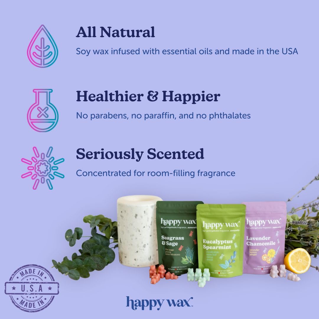 Happy Wax Cozy Cabin Winter Scented All Natural, Non Toxic Soy Wax Melts; 6 Total Oz. of Scented Wax Melts, Collection Includes Bonfire, Bourbon &Wood and Pine Forest