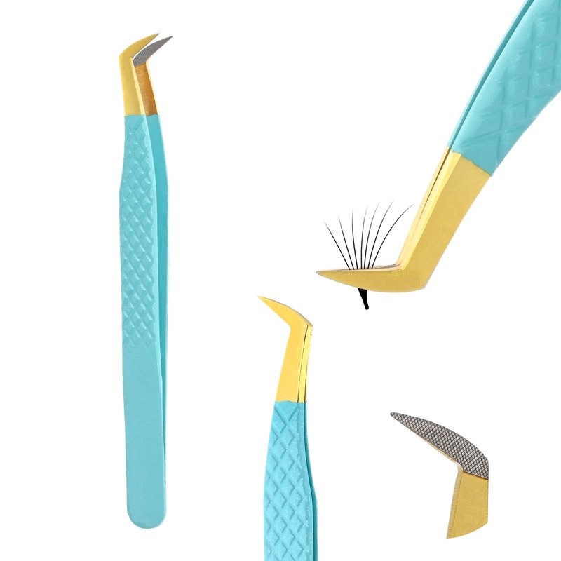 My Lash Tools Fiber Tip Lash Tweezers for Eyelash Extensions Professional Lash Tech Supplies Must Haves Volume Boot Eyelash Tweezers 12cm Stainless Steel Mink Fan Making Lashing Tweezer (Turquoise)
