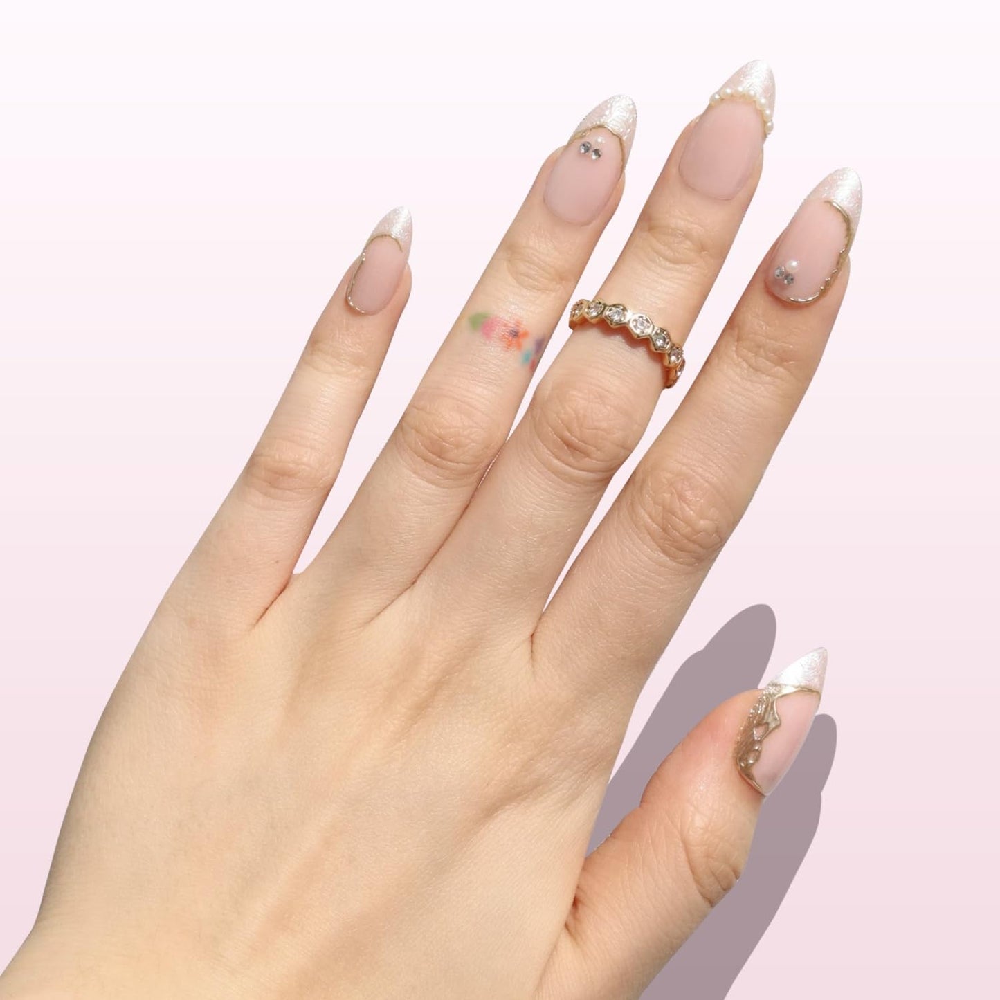Nail Reformation Press On Nails, French Tip Nude Medium Almond Fake Nails with Pearl & Sparkling Gems in Glossy Finish, Salon Quality, Reusable Stick On Nails in 15 Sizes - 30 Nail Kit for Women Gifts