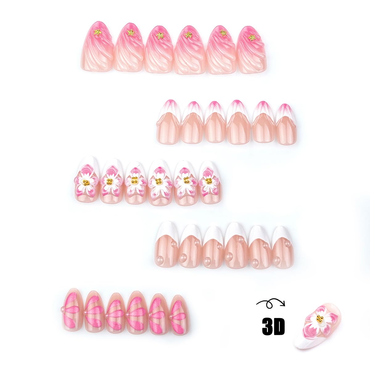 30Pcs Pink Press-On Nails - Almond Medium French Tip with 3D Flower & Gold Bead Design | Glossy Reusable Acrylic for Women