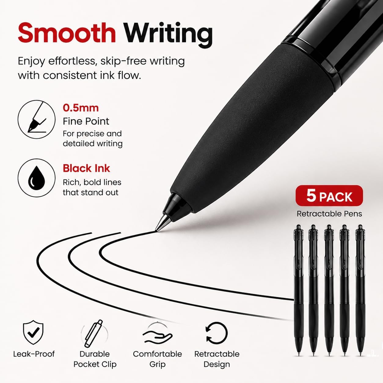 Black Gel Pens - 0.5mm Retractable Medium Point | Smooth Writing, Quick Drying, 5 Pack for Office & School
