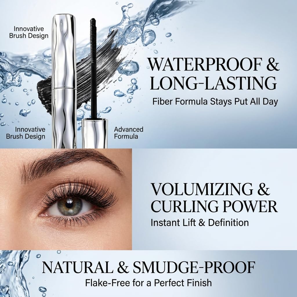 Waterproof Fiber Mascara - Volume & Length Without Clumping | Smudge-Proof, Curling Eyelash Iron (1 Pc)