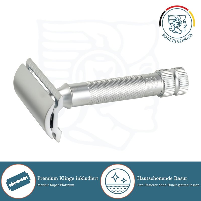 MERKUR 34C Double Edge Safety Razor - Matte Chrome | Heavy Duty Knurled Brass Handle | Made in Germany | Plastic-Free | Two Piece Design | Closed Comb | Straight Bar