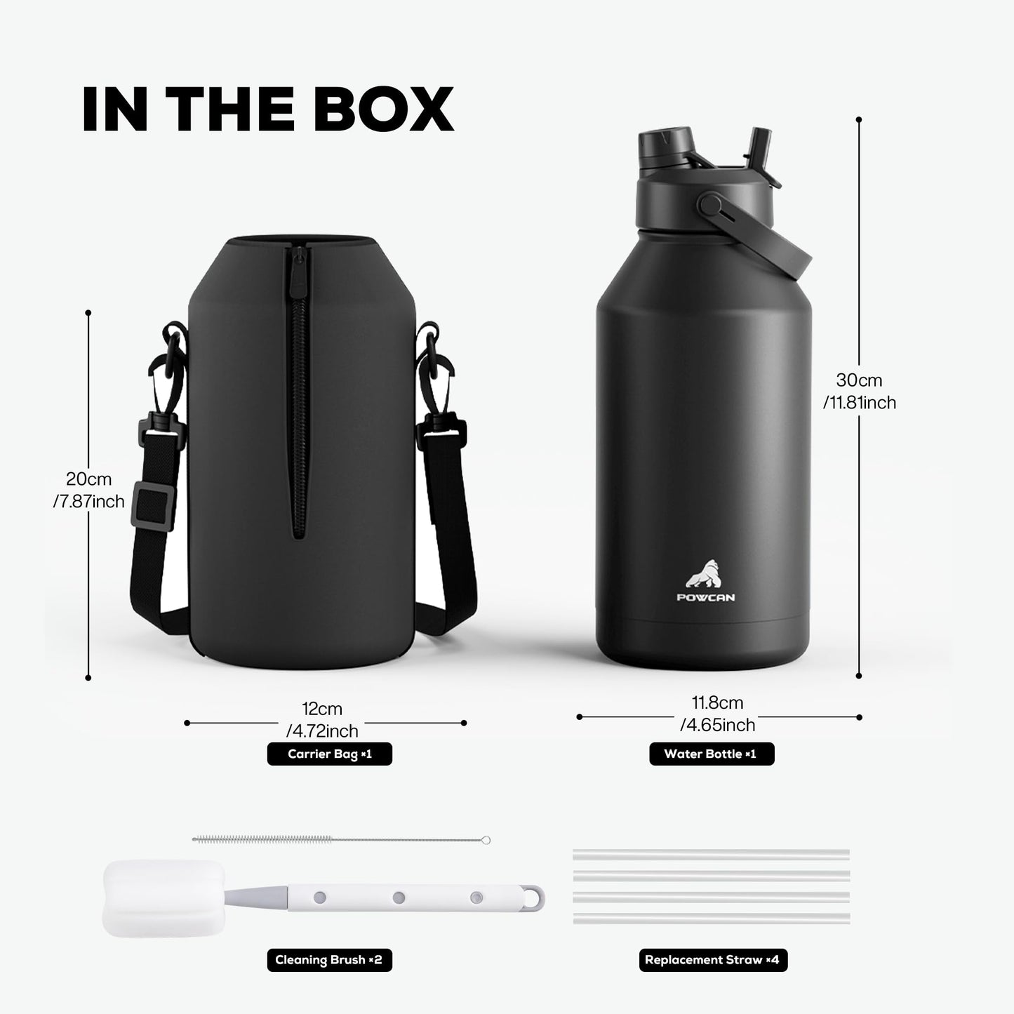 POWCAN 64 oz Insulated Water Bottle for Sports: 2-in-1 Straw & Spout Lid, Leakproof, Carrier Bag, Shoulder Strap, Keep Cold 48H, BPA-Free, Half Gallon Metal Water Jug for Gym, Travel, Gift (Midnight)