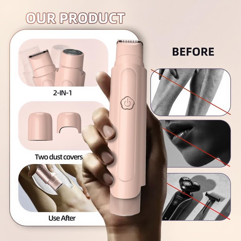 2 in 1 Women's Electric Shaver, Dual Head Bikini Hair Trimmer, IPX6 Waterproof, Wet & Dry, Bikini Underarm Leg Arm Body Facial Epilator. (Pink)