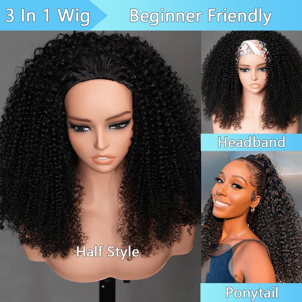 Kinky Curly 3 In 1 Half Wig - 200% Density Human Hair | 16 Inch Afro Curly Flip Wig for Women