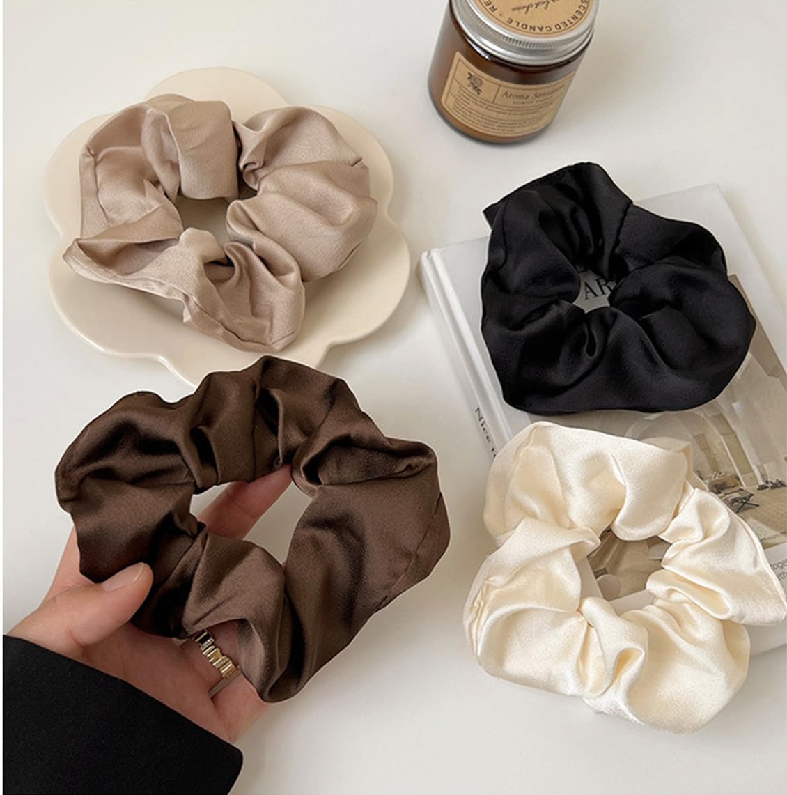 5pcs French Satin Hair Scrunchies,Soft Silk Scrunchy for Women Girls, Large Elastic Ponytail Holder Hair Ties,Hair Rope,Hair Band,No Damage Hair