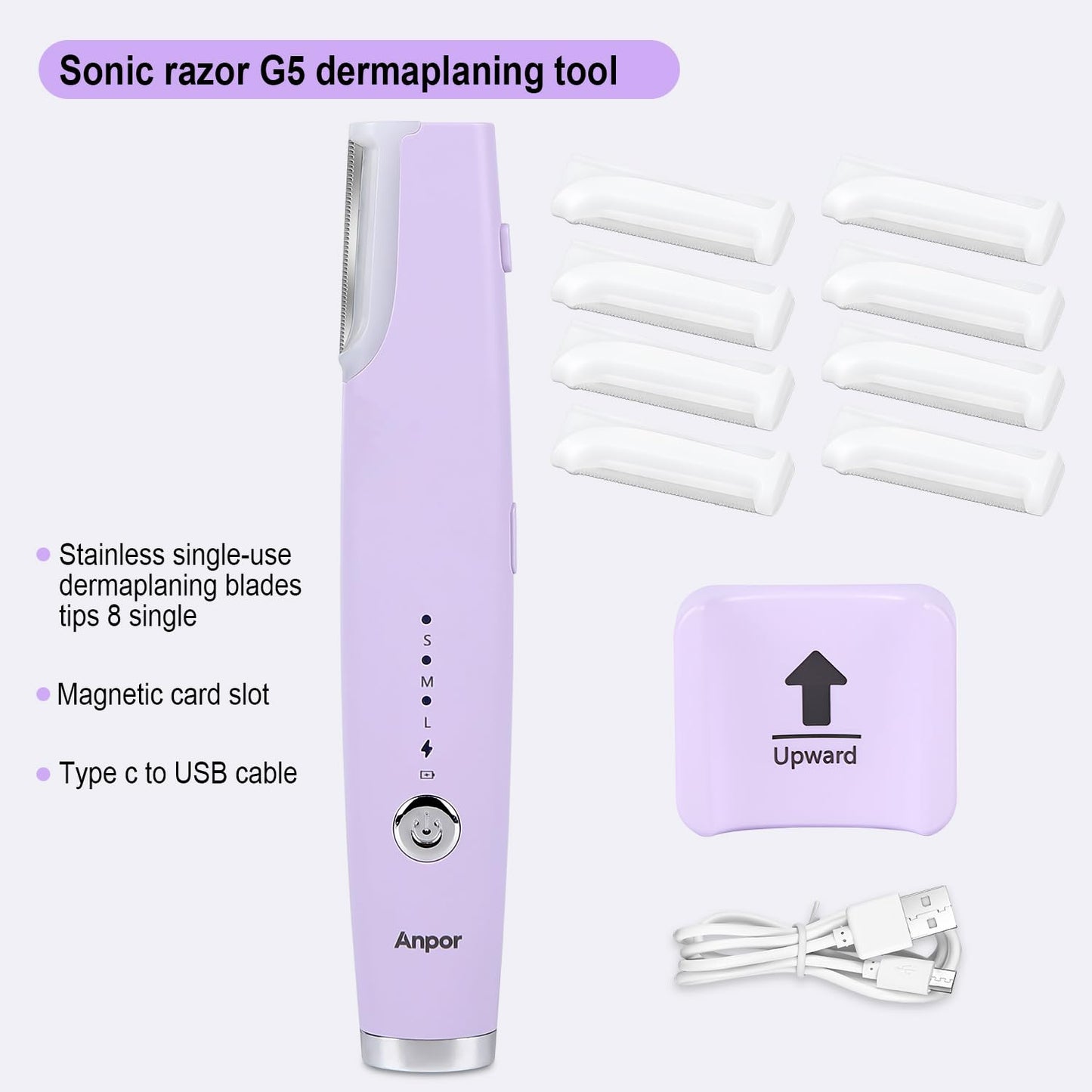 Anpor Rechargeable Sonic Dermaplane Razor for Women Face + Eyebrow trimmer Dermaplaning System with LED Light Peach Fuzz Remover, 3 Speeds - 8 Weeks of Dermaplaning Blades (Lavender)
