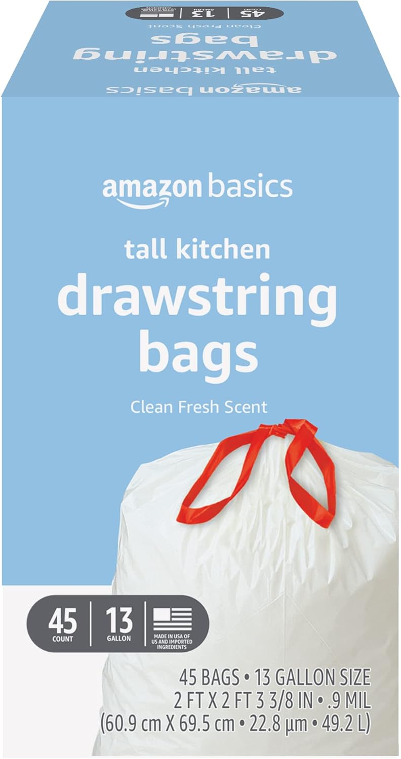 Tall Kitchen Drawstring Trash Bags - Sturdy & Tear Resistant | 13 Gallon, Unscented, 120 Count