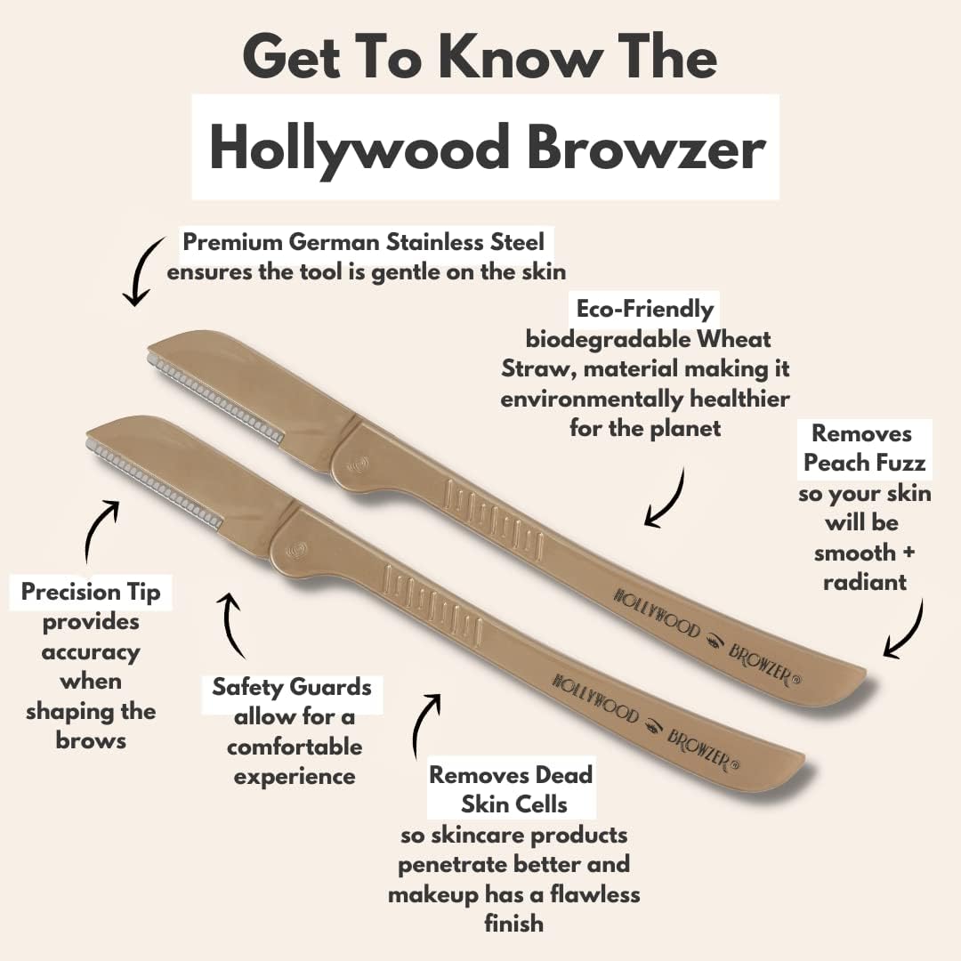 Hollywood Browzer Hair Removal and Dermaplaner Duo - Peach Fuzz and Eyebrow Razor for Women - Eyebrow Grooming Kit - Gold - 2 pc