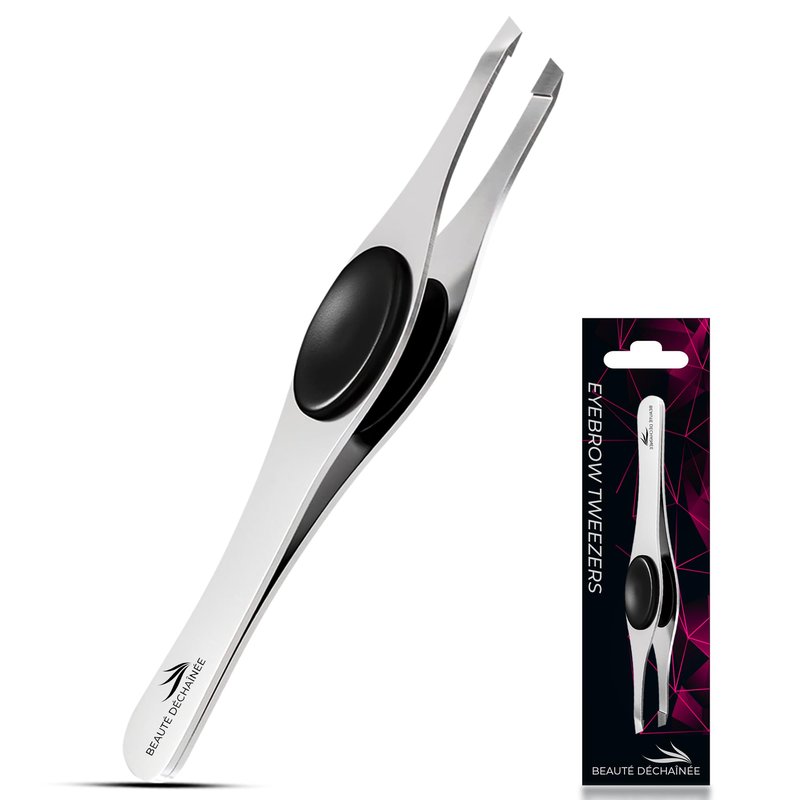 BEAUTÉ DÉCHAÎNÉE Professional Tweezers for Women, Men - Wide Grip Slant Tip Premium Tweezers Stainless Steel Eyebrow Tweezer for Facial Hair, Plucking Removing Ingrown Hairs