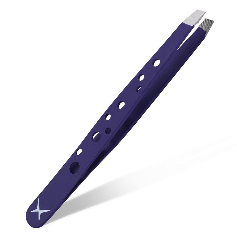 Precision Eyebrow Tweezers – Hand Finished Japanese Stainless Steel, Perfect Alignment, Slant Tip for Fine Hair, 9-Hole Grip, Unique Colors (Plum Glow)