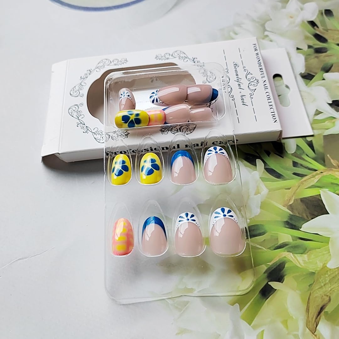 Nude Pink Press on Nails Medium Almond Fake Nails 3D Flowers Acrylic Nails Spring Artificial Nails Press ons Gold Irregularity False Nails with Rhinestone Designs Glue on Nails for Women Girls 24Pcs