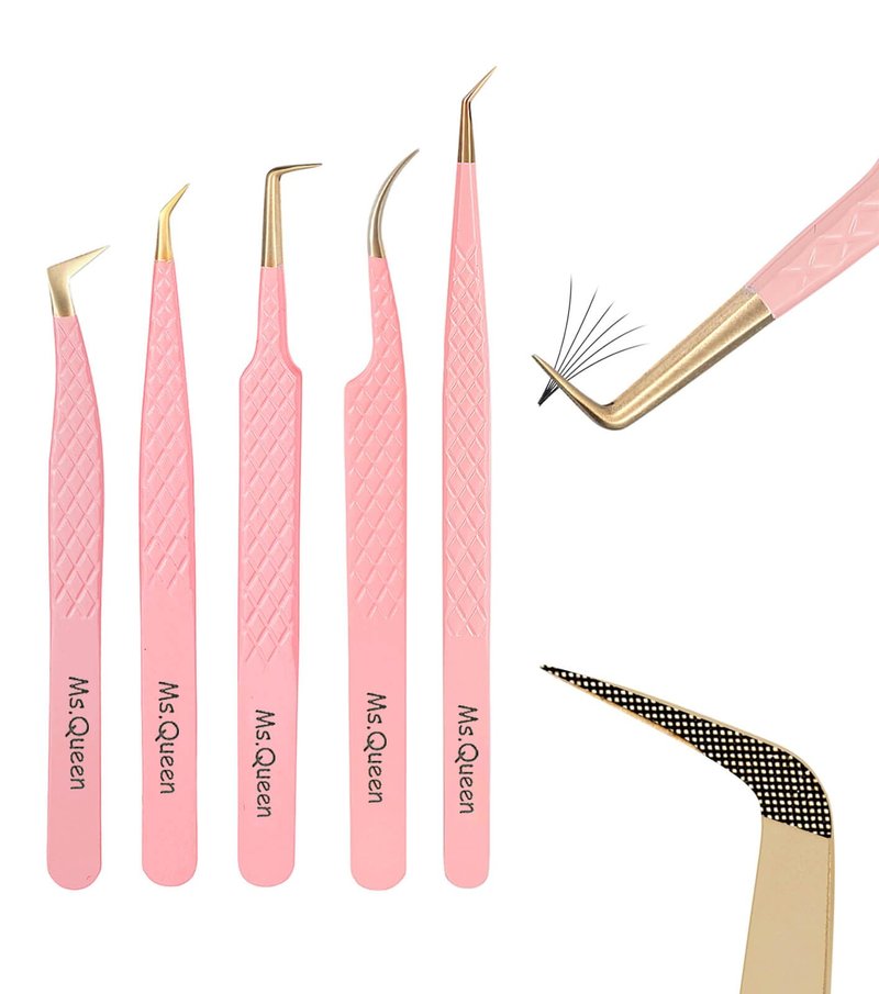 Ms.Queen Lash Tweezers for Eyelash Extensions,5Pcs Precision Fiber Tip Grip Curved 45 90 Degree Boot volume Tweezers Set