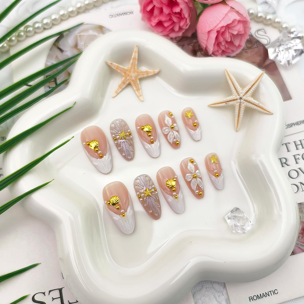 Short Almond Press-On Nails - 24 Pcs French Tip with Leopard Print & Gold Beads | Reusable Acrylic Nail Designs for Women