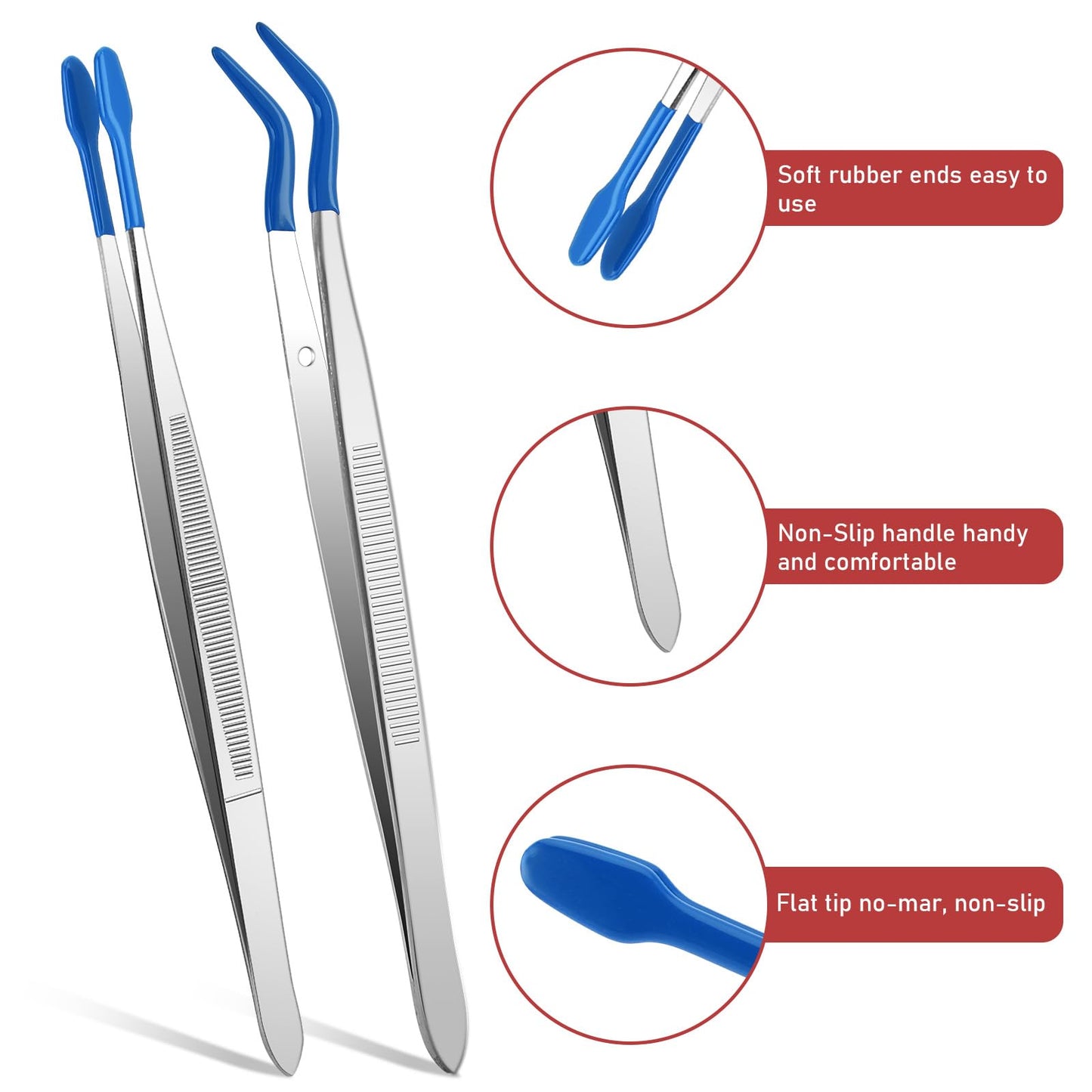 Rubber Tipped Tweezers, 2 Pcs PVC Coated Craft Tweezers Long Bent and Straight Flat Tip Precision Tweezer Set for Crafts Stamps Coin Beads Jewelry Industrial Electronic Lab (Blue)