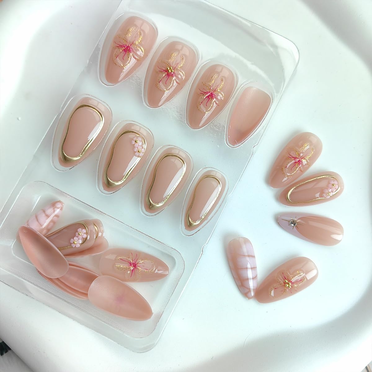 Spring Almond Press-On Nails - 24Pcs Short French Tip with 3D Flower Charms & Rhinestones | Flesh Pink Floral Stiletto Acrylic Nails