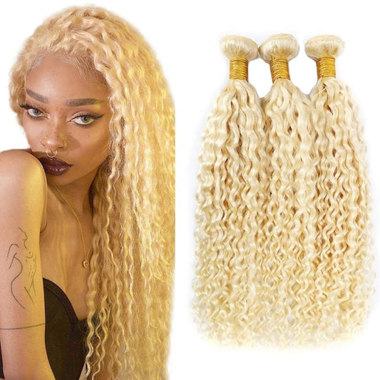 AuokMar Blonde Bundles 613 Water Wave Bundles Huma Hair 30 32 34 inch 330g Double Weft Soft Real 613 Blonde 3 Bundle Human Hair Extensions