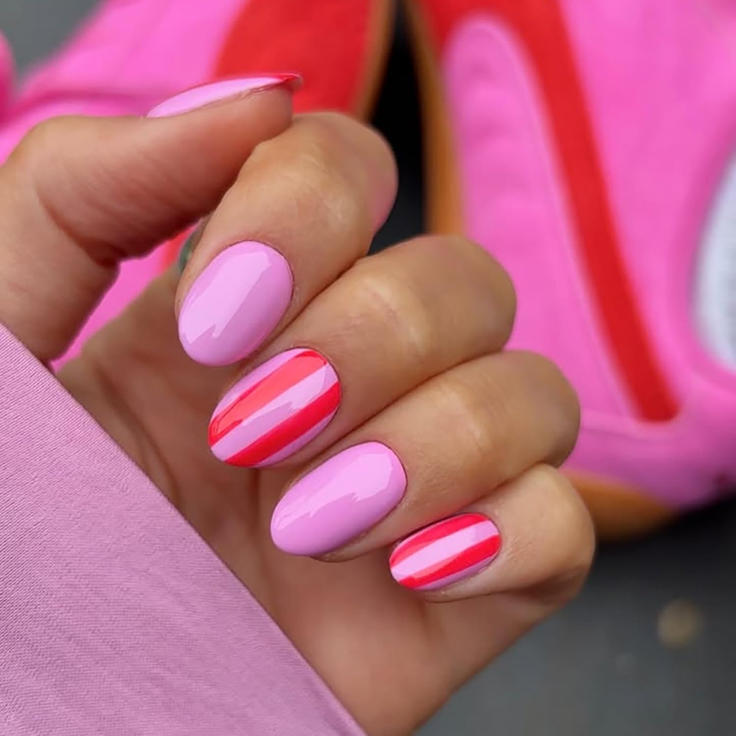 Short Press-On Almond Fake Nails - Rose Pink Acrylic with Glossy Stripe Designs | Reusable Full Cover Nails for Women