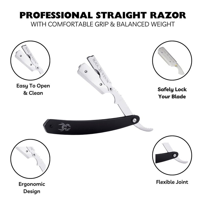 Black Widow Professional Straight Edge Razor Kit with 10 Blades – Stainless Steel Barber Razor for Men’s Shaving, Classic Barbero Shaver for Smooth, Precise, and Comfortable Shaves