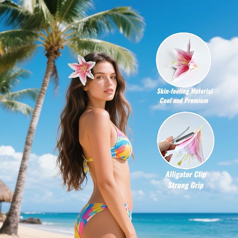 Fosrisix 2-Pack Floral Hair Clips - Pink & White Lily Accessories