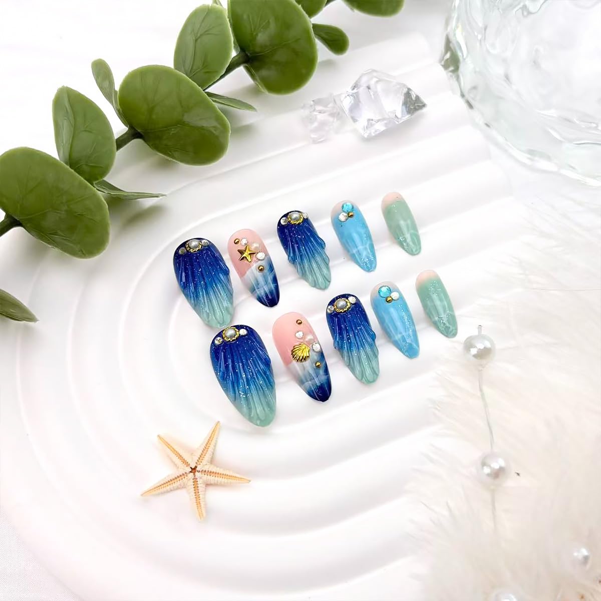 24Pcs Summer Press on Nails Medium Almond Fake Nails Blue Ocean Design 3D Gold Starfish Shell False Nails Pearl Colorful Gems Glue on Nail Glitter Summer Artificial Stick on Nails Full Cover for Women