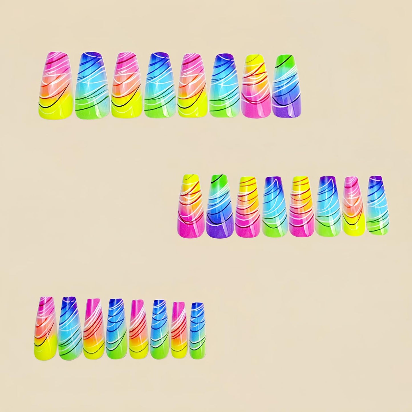 Colorful Gradient Press-On Nails | Medium Coffin Shaped Acrylic Nail Art - 24 Pcs with Rainbow Designs