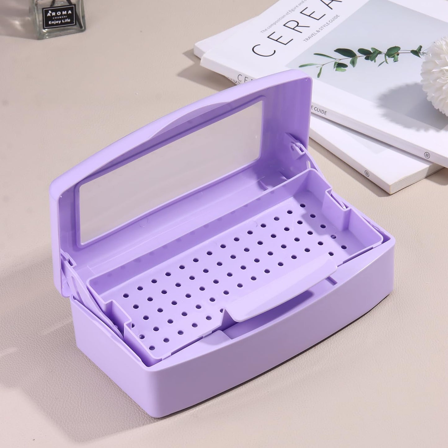 Nail Tool Sterilizer Box Plastic Disinfectant Container for Nail Art Accessories Tools, Sterilizer Soaking Box with Strainer Pedicure Manicure Cleaning Equipment, Purple