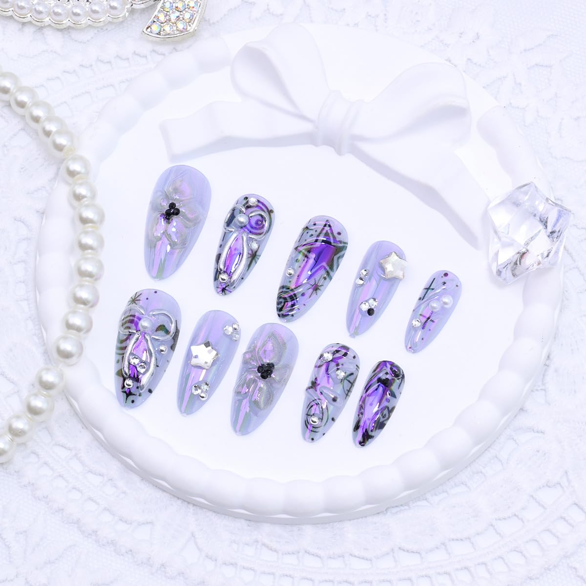 Press On Nails - 24 Pcs Medium Almond Purple Flower Design with 3D Silver Bow & Pearl Gems | Full Cover Acrylic