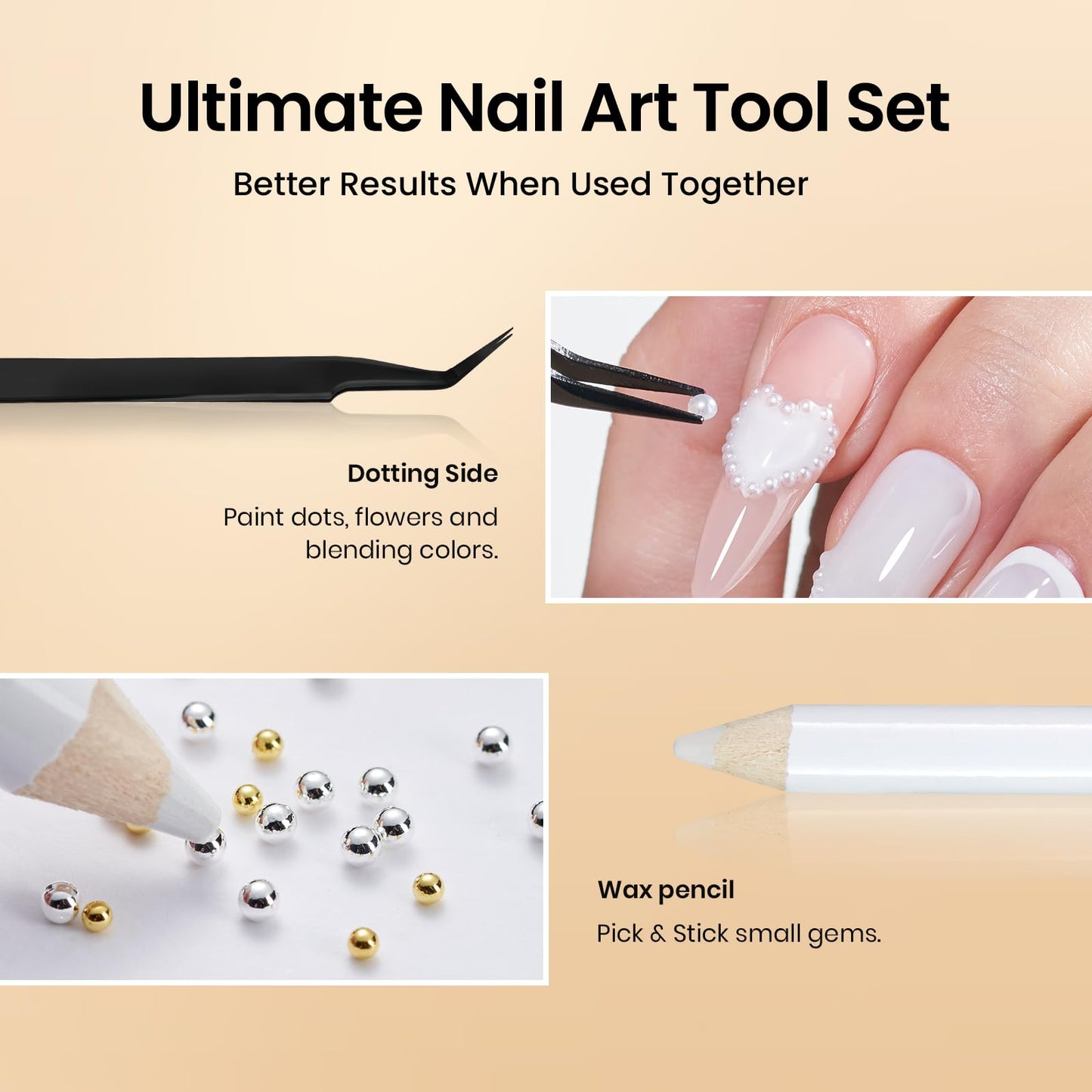 Beetles 3D Nail Charms Gold Silver Nail Beads and White Pearl with 15g