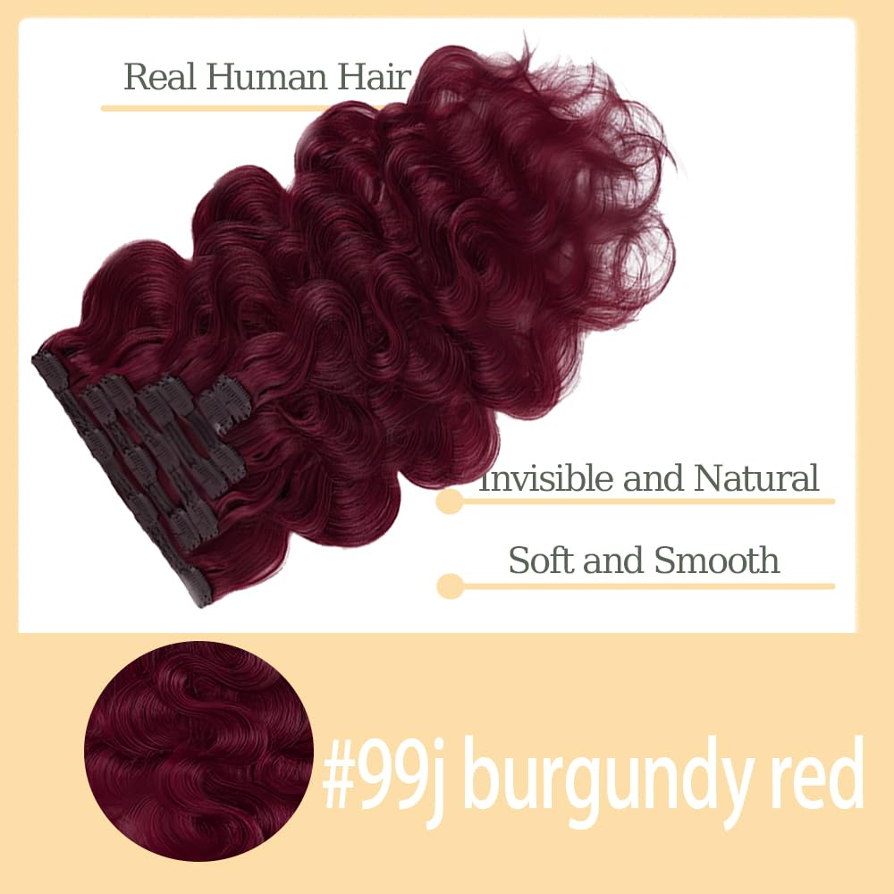 #99J Burgundy Clip in Hair Extensions Real Human Hair,20 Inch 120g/7Pcs,Full Shine Remy Human Hair,Wine Red Body Wave Clip ins Brazilian Virgin Human Hair Extensions