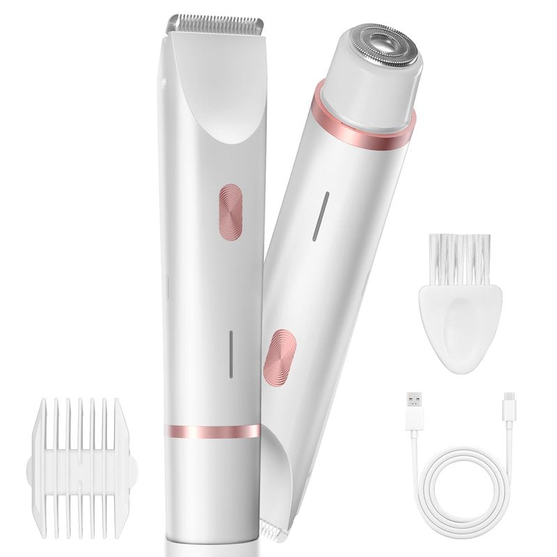 AMURS Bikini Trimmer Women, Dual-Head Electric Shaver for Women for Sensitive Areas, USB-C Rechargeable, IP67 Waterproof Rinsable Body Groomer, for Bikini Line, Underarms, Legs & Face,White Rose