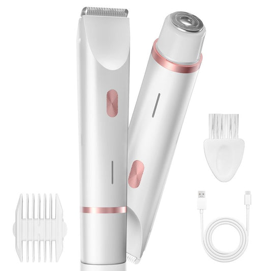 AMURS Bikini Trimmer Women, Dual-Head Electric Shaver for Women for Sensitive Areas, USB-C Rechargeable, IP67 Waterproof Rinsable Body Groomer, for Bikini Line, Underarms, Legs & Face,White Rose
