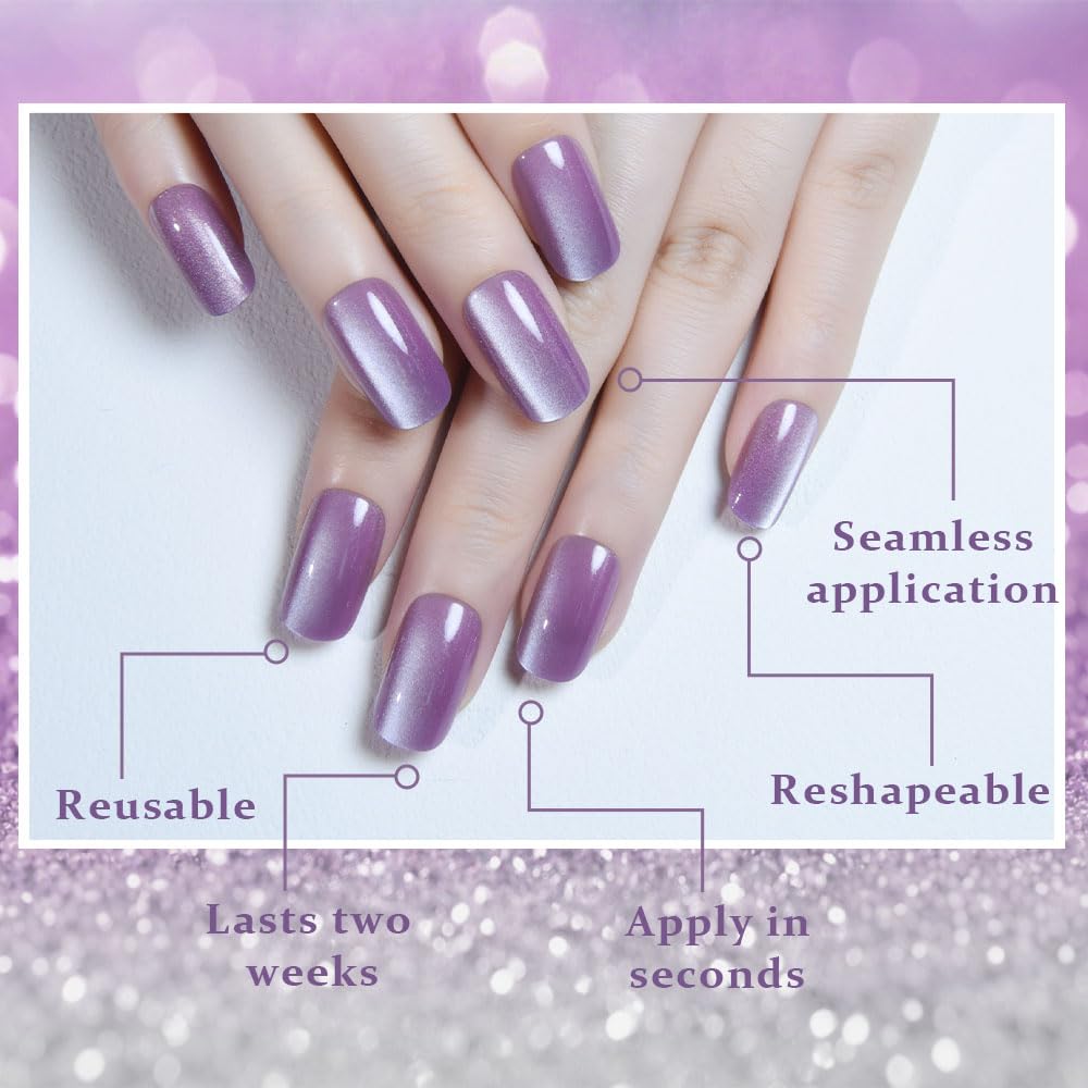 Cat Eye Press-On Nails - Lavender Purple Medium Square | Reusable Gel Acrylic with Holographic Glitter