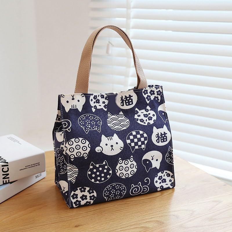 Chic Thermal Insulated Cat Lunch Bag - Canvas with PVC Lining