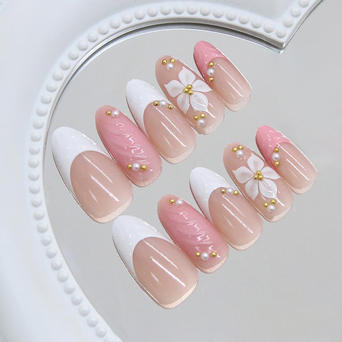 3D Pink Press-On Nails - Almond Medium False Nails with White French Tips & Gold Bead Flower Rhinestones | Cute Acrylic Nail Art for Spring