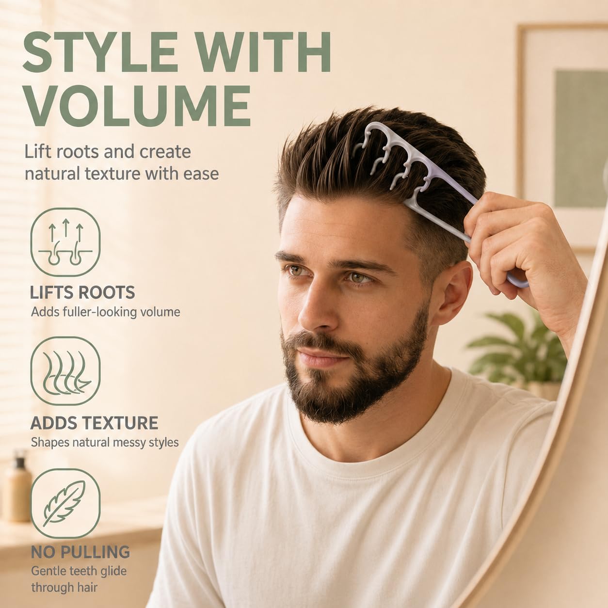 Wide-Tooth Volumizing Comb - Textured Styling Tool for Unisex | Soft Grip, Lifts Hair Roots, Gray