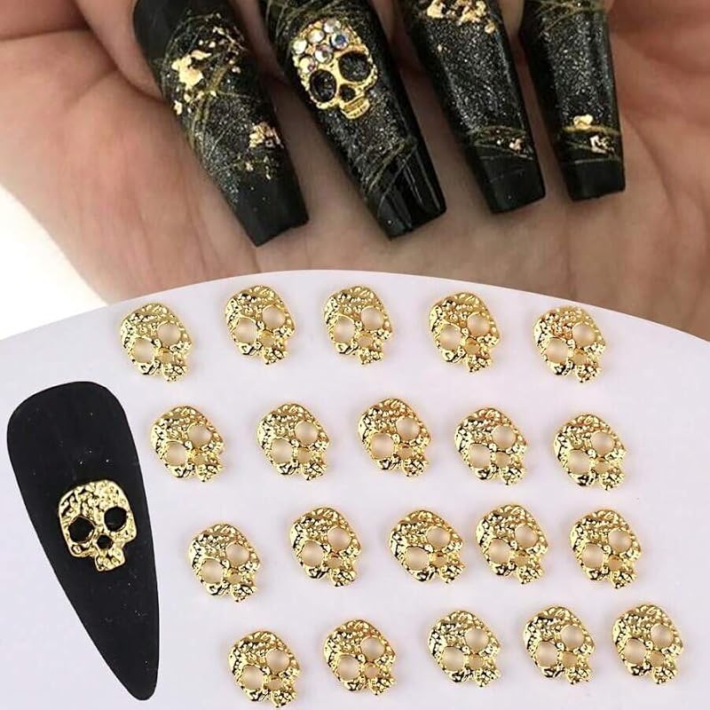 Gold Skull Halloween Nail Charms - 20pcs 3D Skeleton Head Gems for Acrylic Nails (JUNCHAO)