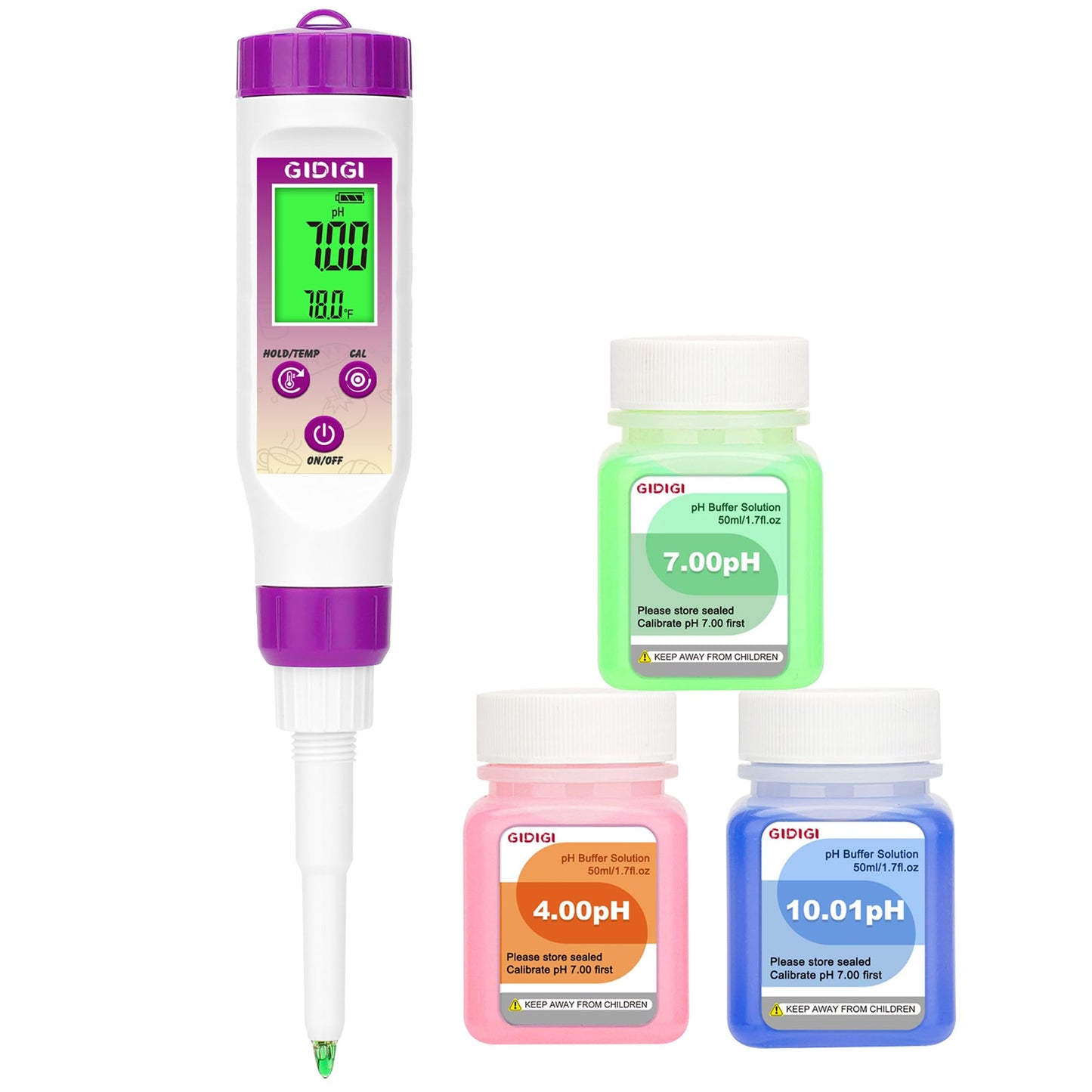 GIDIGI pH Meter for Food, Digital Electronic pH Tester for Fermentation, 3 * 50ml pH Calibration Solution Kits Hot Sauce, Food Tester Probe for Cheese, Sourdough, Salsa, pH Test Strips for Acidity